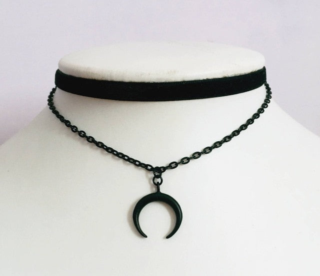 Emo Punk Gothic Choker Necklace Black Velvet Ribbon Chockers Moon Pendant  Goth 